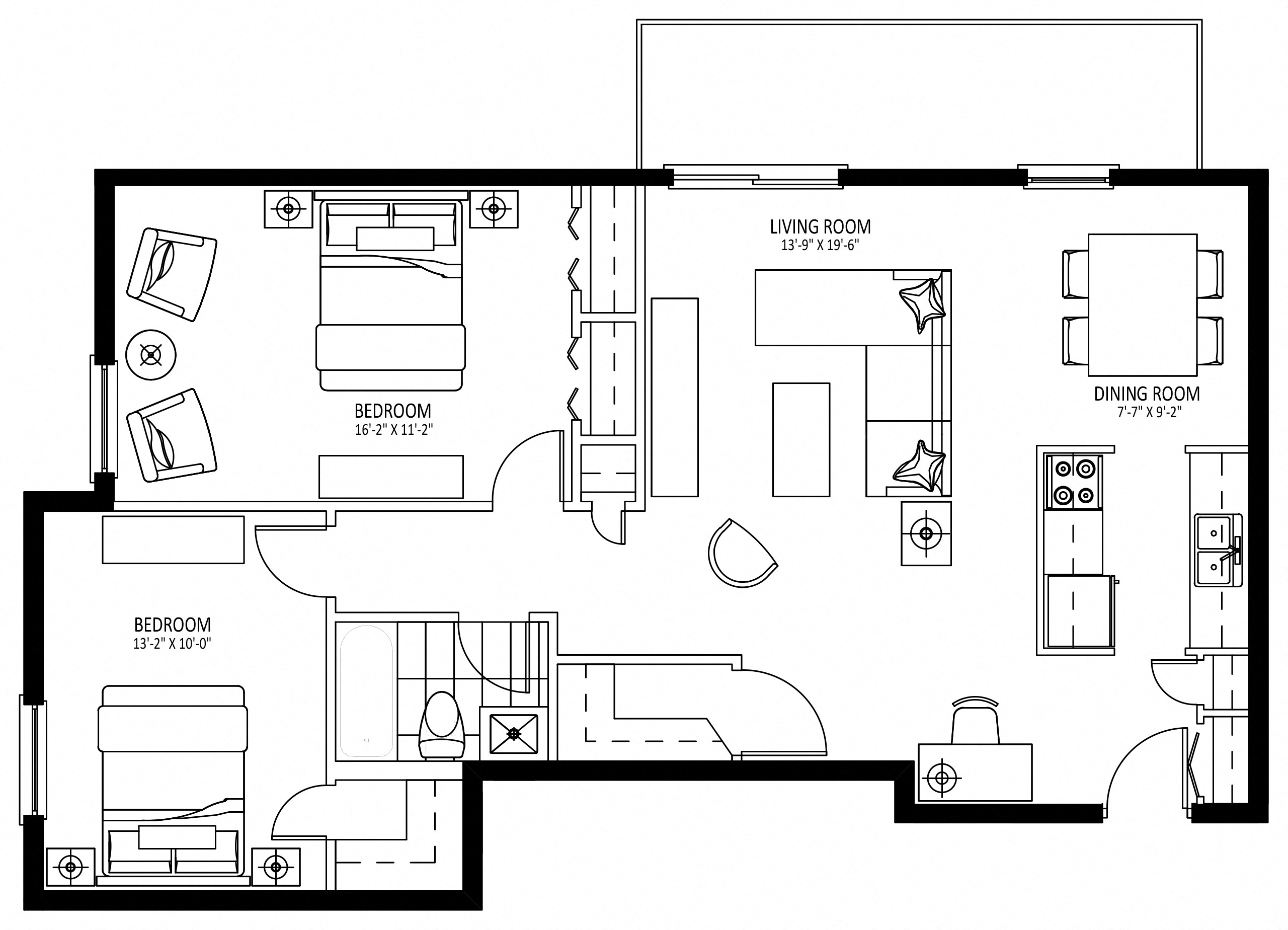 Floor plan for 2 beds, 1 bath, 1000 sqft
